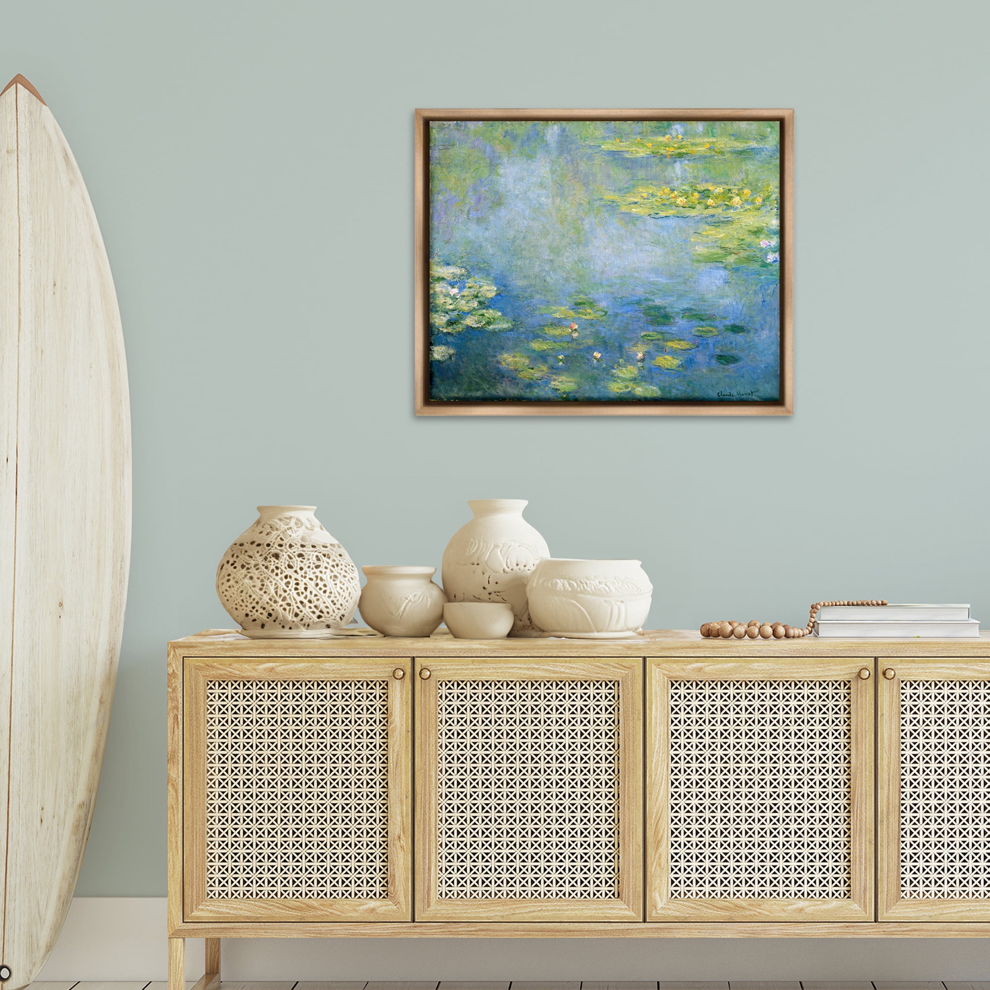 Stupell Industries Classical Monet Green Water Lilies Landscape & Nature Painting Brown Floater Framed Canvas Art Print Wall Art, 31 x 25