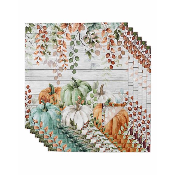 Green Orange Blue Fall Cloth Napkins Set of 6 Reusable Dinner Napkins, Thanksgiving Pumpkin Botanical Vintage Cocktail Napkin Washable Table Napkins for Wedding/Holiday Party/Baby Shower 20"x20"
