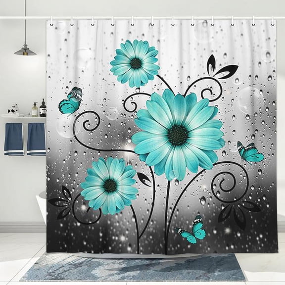 Rustic Farmhouse Shower Curtain, Farm Style Teal Daisy Floral Flowers Fabric Bathroom Curtains, Turquoise Blue Decorations Bathroom Set Decor,Cute Bubbles Boho Bathroom Accessories, 69X70in