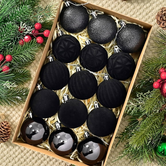 DAMAI 15 Pcs Flocked Christmas Balls Plastic Christmas Tree Ornaments, Velvet Christmas Decorations Hanging Balls with Metal Buckle, Xmas Tree Ornaments Balls Party Decorations(Black)