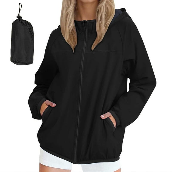 jtjvou Packable Rain Jacket for Women Waterproof Lightweight Raincoats Zip Up Long Sleeve Hooded Hiking Windbreaker Jackets Black S