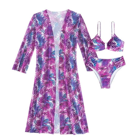 Wyobmus Women s 3 Piece Swimsuits Hawaiian Tropical Print Bikini Set Halter Drawstring Side Bathing Suits With Sunscreen Cover Up Containing Chest Pad A-Purple