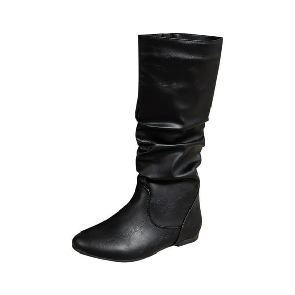 Mid-Calf Boots Women's Slouchy Pleated Fashion Casual Solid Color Thick Heel Side Zipper Knee-High Shoes for Winter Black,36