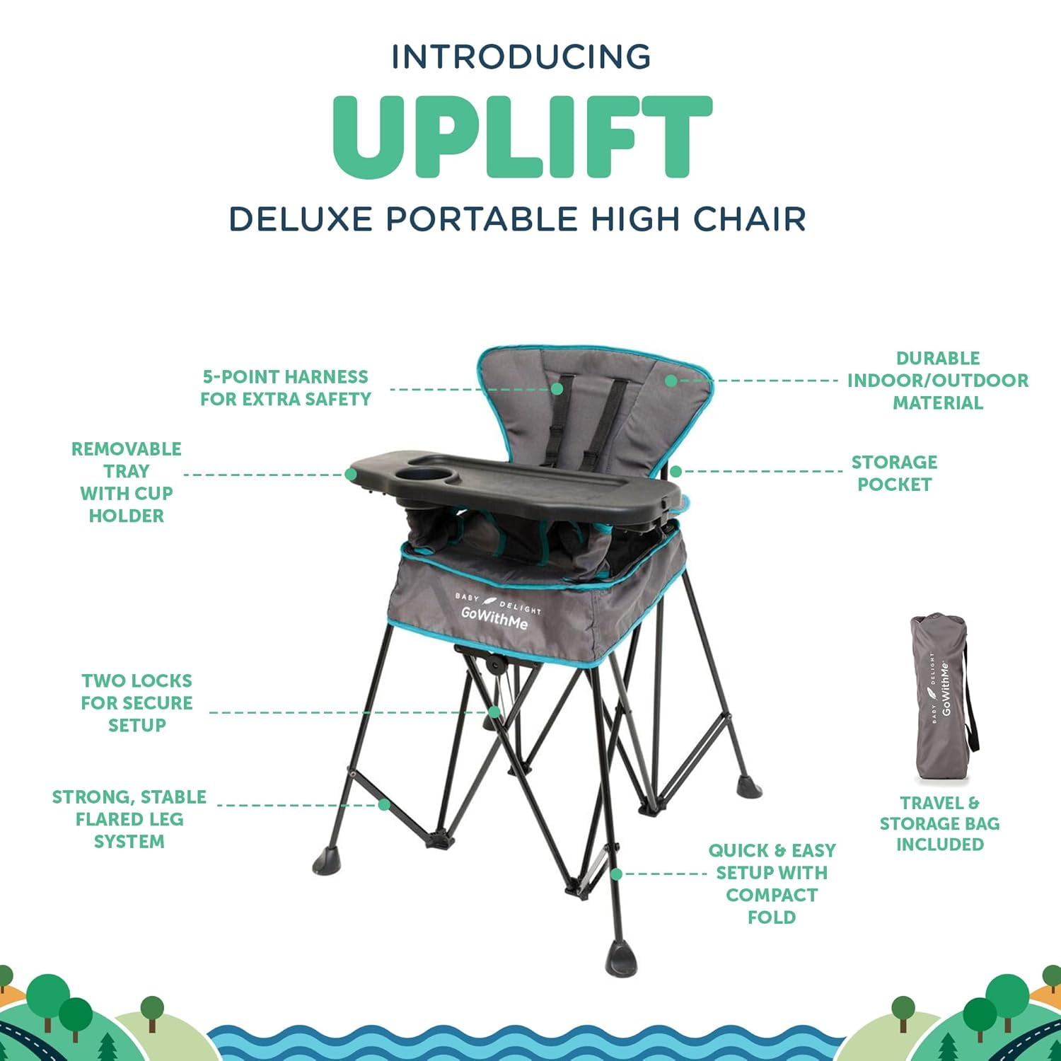Go With Me Uplift Deluxe Portable High Infant Chair, Teal & Grey