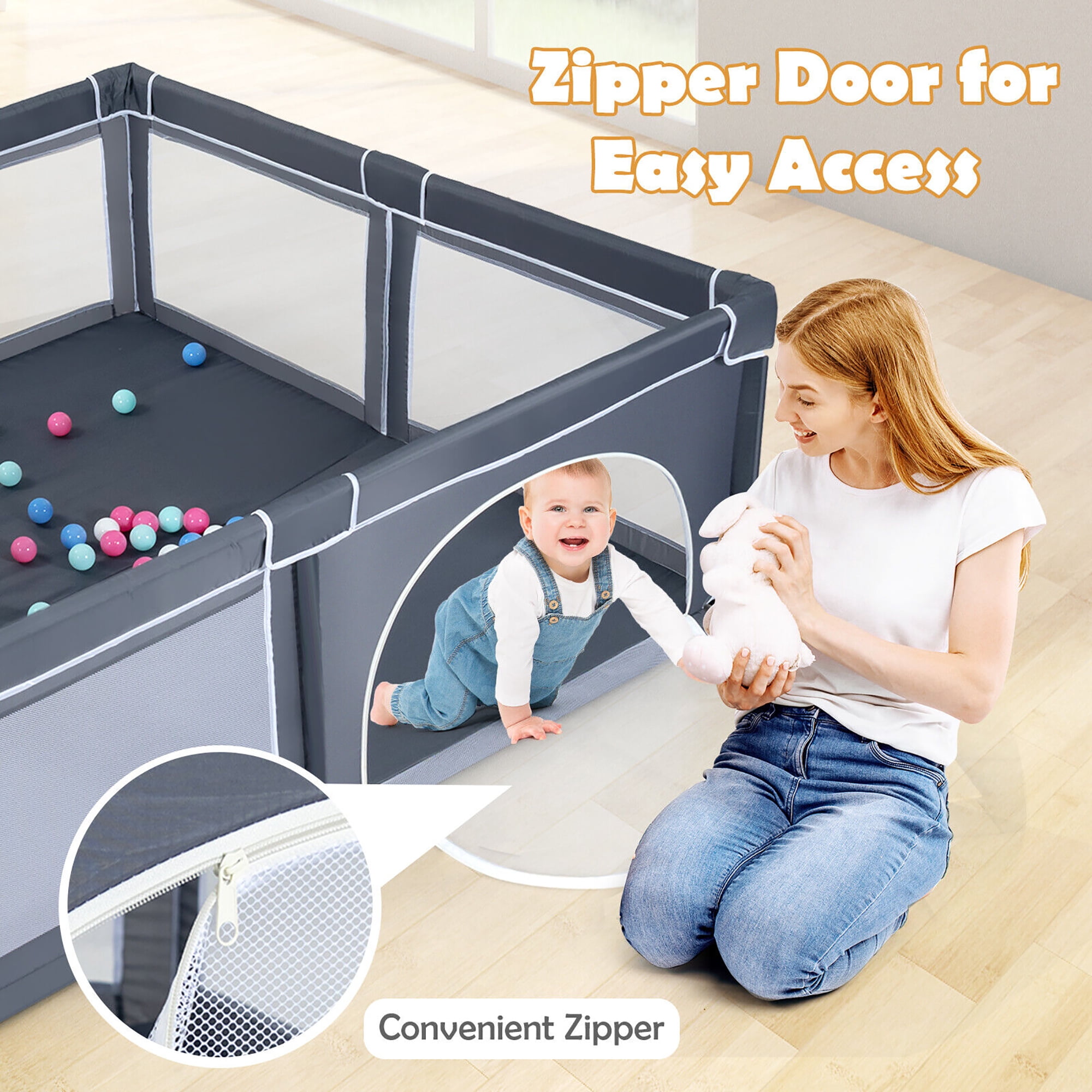 Gymax Extra Large Baby Playpen Safety Baby Play Yard w/ 50 Ocean Balls & 4 Handles Dark Grey