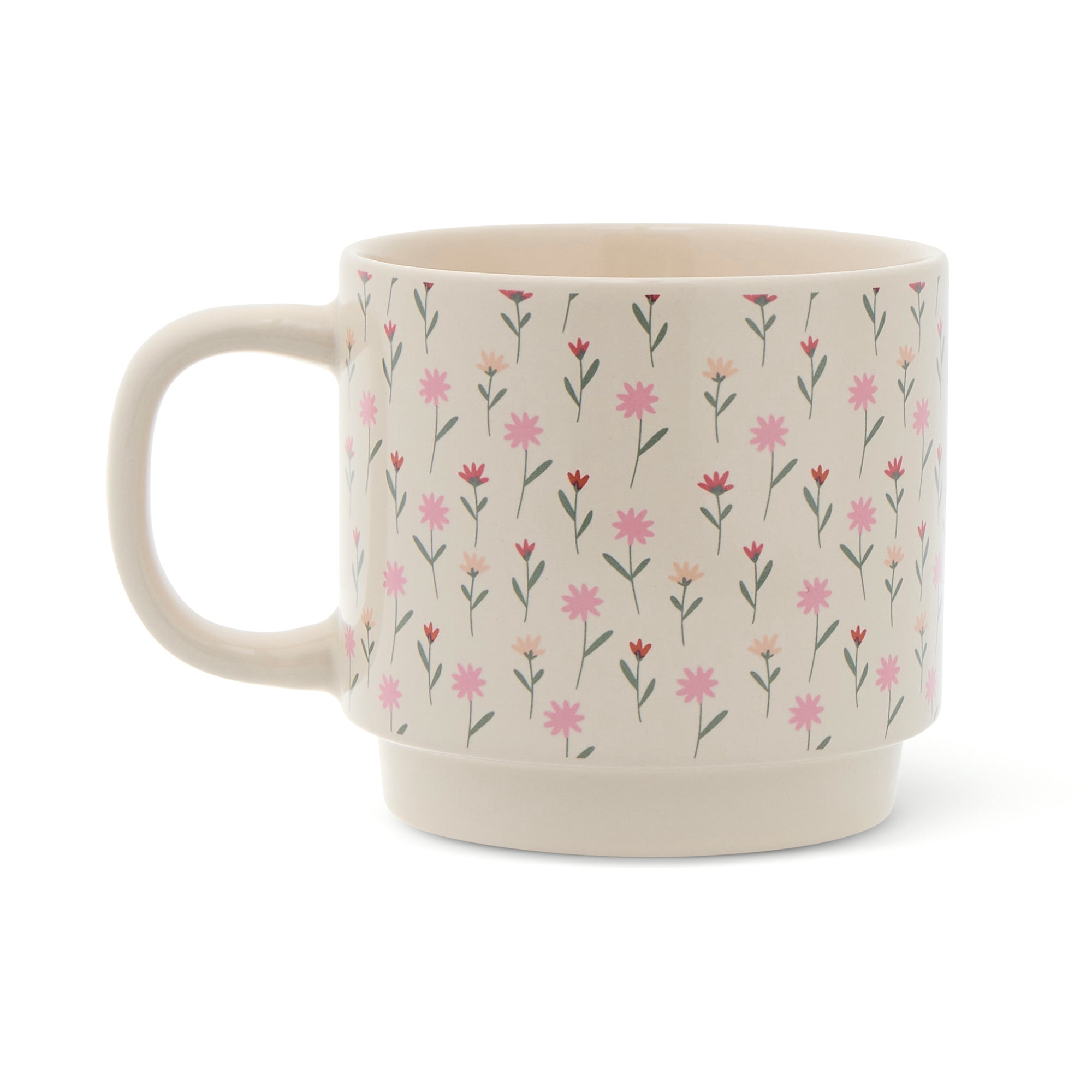 Thyme & Table 14.2 fl oz Floral Pink and White Stoneware Stacking Mugs, Set of 2