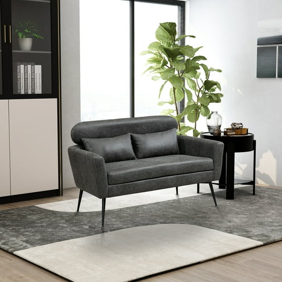 CLEARANCE! 51"W Classical Loveseat Small Sofa Small Mini Room Couch Two-Seater Sofa With 2 Throw Pillows Black Metal Legs for Small Space Office Studio Apartment Bedroom, Valley Gray Bronzing Suede