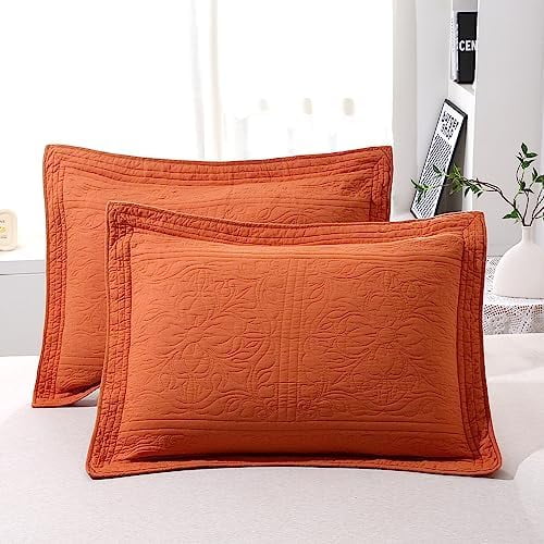 100% Cotton Quilted Pillow Sham Floral Printed Pillow Cover (Standard, Burnt Orange)