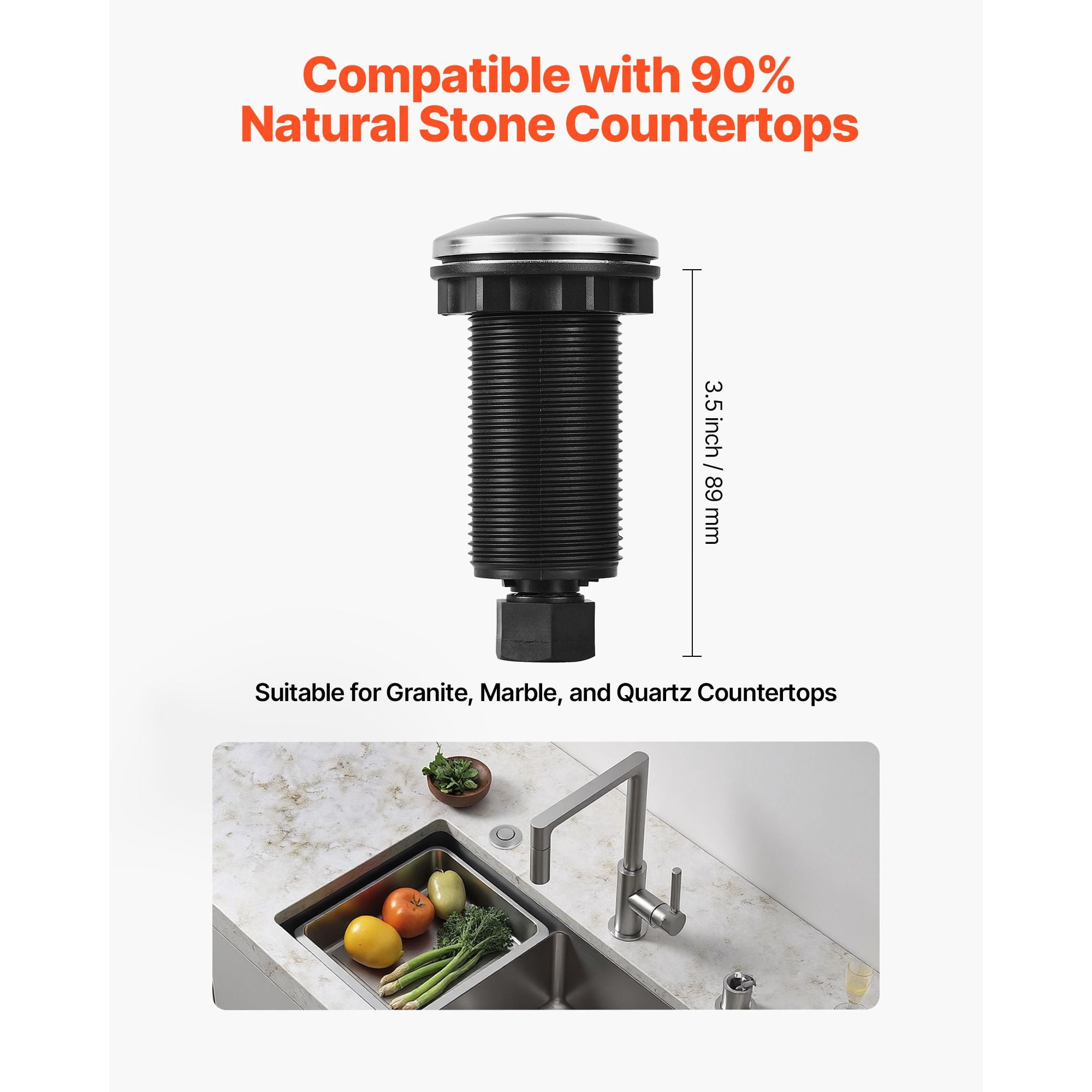 Garbage Disposal Air Switch Kit 3.5" Long Button, Stainless Steel for Thick Countertops, 1.5m Tube Sink Top Push Button for Food Waste Disposal