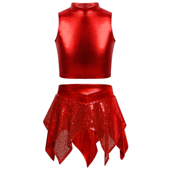Aiihoo Kids Girls Hip Hop Jazz Dance Outfits Sleeveless Metallic Crop Tops with Shiny Sequins Skirt Cheerleading Performance Outfits Red 16