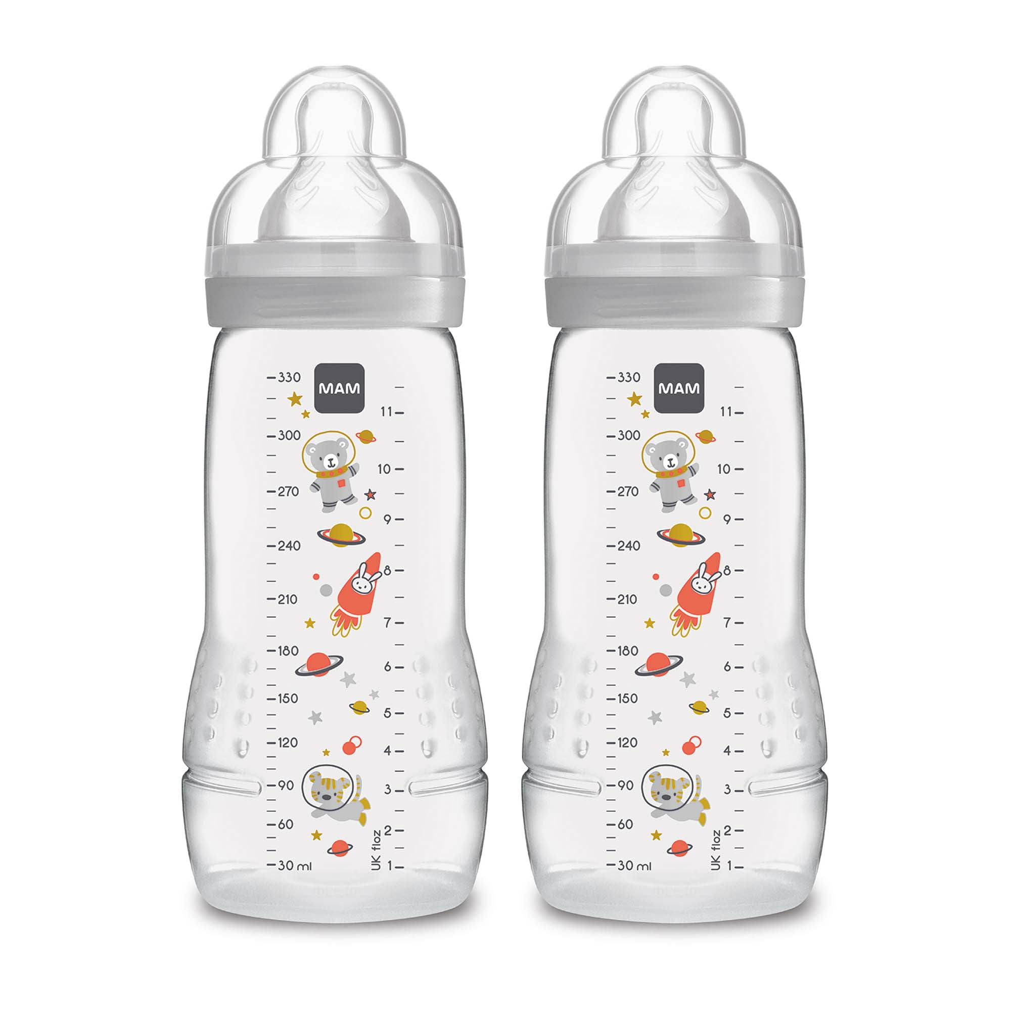 MAM Easy Active Bottle 11 oz (2-Count), Fast Flow Bottles with Silicone Nipples, 4+ Month Baby Essentials, Unisex