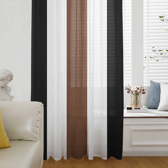 Brown Black White Boho Semi Sheer Curtains Drapes for Living Room, Bedroom, French Doors Window 84 Inches Long, Contemporary Modern Art Rod Pocket Chiffon Curtain Drapery Voile Draperies Panel