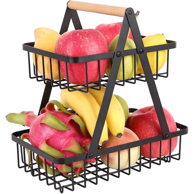 Cesta de frutas de metal Vhermosa Utensilios de Cocina 2 niveles desmontable negro