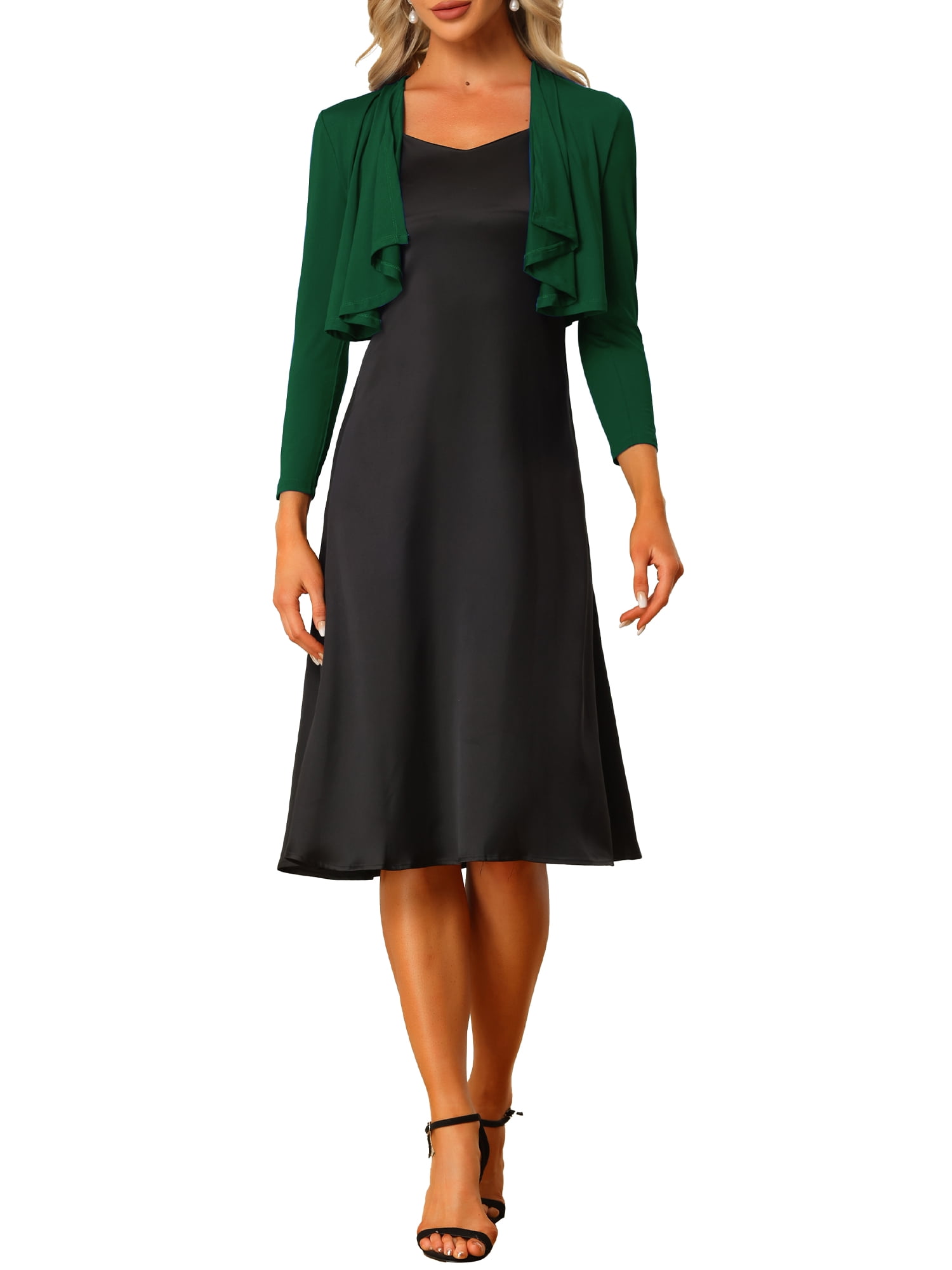 Unique Bargains Women's Open Front Drape 3/4 Sleeve Bolero Shrug Crop Cardigan S Dark Green
