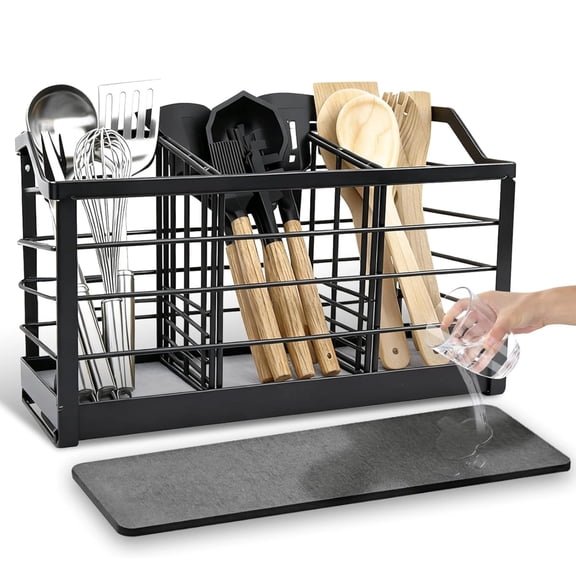 Large Kitchen Utensil Holder for Countertop, Cooking Utensil Holder Organizer with Diatomaceous Earth Base Matte Black, Utensil Organizer for Spatula and Kitchen Utensils (3 Compartments)