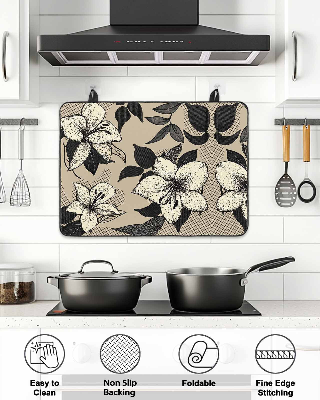 Stove Top Covers for Electric Stove, Black Floral Glass Stovetop Cover Protector, Vintage Khaki Floral Retrp Plant Leaf Induction Cooktop Protector Oven Mat for Kitchen Countertop 24"x21"