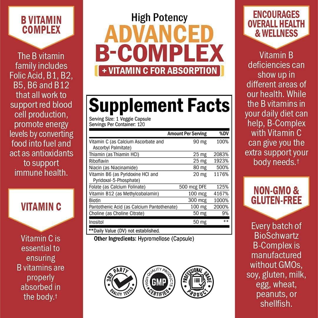 BioSchwartz Advanced Vitamin B Complex with Vitamin C for Energy Support, 120 Capsules