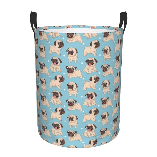 Balery Funny Cartoon Pugs Cesta de ropa redonda con asas, impermeable, independiente, para ropa, juguetes, dormitorio y familia-Medium