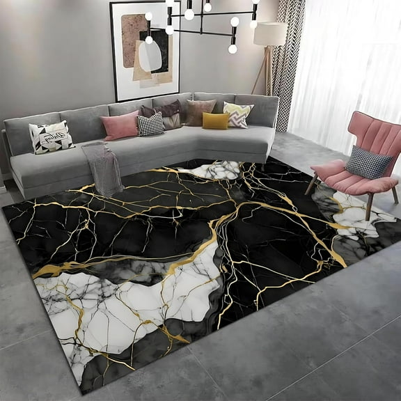 Black Gold Marble Area Rug Abstract Soft Marble Pattern Rug Non-Slip Fur Rugs Bedroom Accent Floor Carpet-Safe And Cozy Rug For Added Comfort 3x5ft
