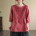 thumbnail image 4 of Homenesgenics Womens Tops under $5 Women's Casual Solid Color Vintage Cotton Linen T-shirt Embroidered Crew-Neck Tops Short Sleeve Tops/shirt Red M, 4 of 8