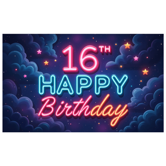 Neon Sign Happy Birthday Banner Colorful Design 16th Birthday Party Celebration Backdrop for Teen Party Night Decoration