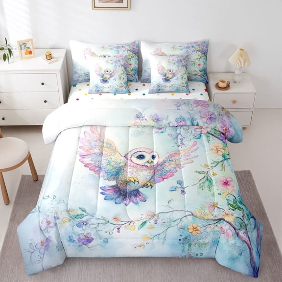 Castle Fairy Animal Owl Twin Bedding Sets,Chic Floral Flowers Bedding Comforter Set