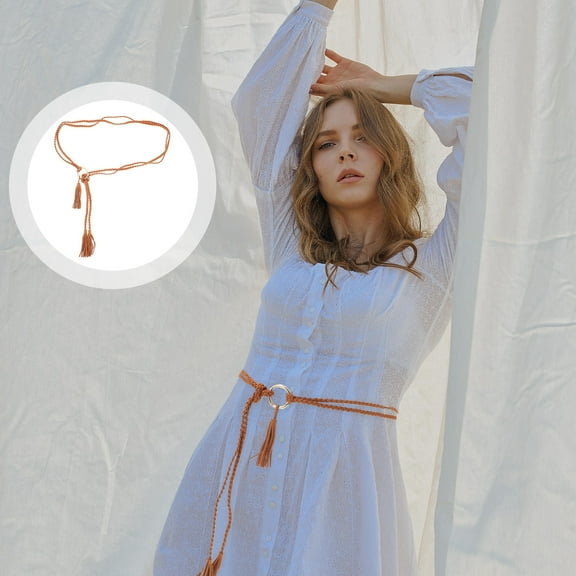 OUNONA Woven Tassel Belt for Ladies Retro Style Wide Waist Belt with Camel Color Fits Pants and Dresses