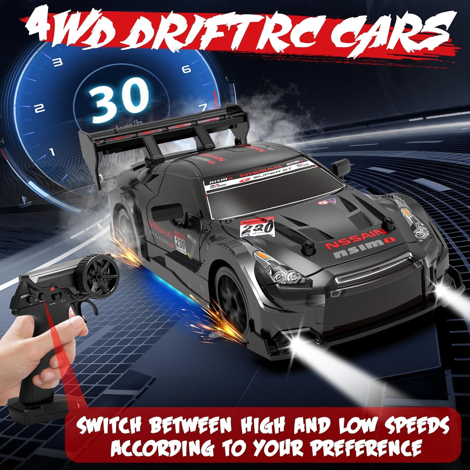 AIGIA 1:24 Scale RC Drift Car 30KM/H 4WD 2.4GHz Remote Control Cars with LED Light High Speed RC Racing Cars Toy