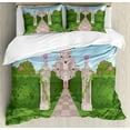 thumbnail image 1 of Fairy Tale Queen Size Duvet Cover Set, Romantic Castle Landscape with Ivy Covered Pillars and Hearts, Decorative 3 Piece Bedding Set with 2 Pillow Shams, Pale Blue Green and Rose, by Ambesonne, 1 of 3