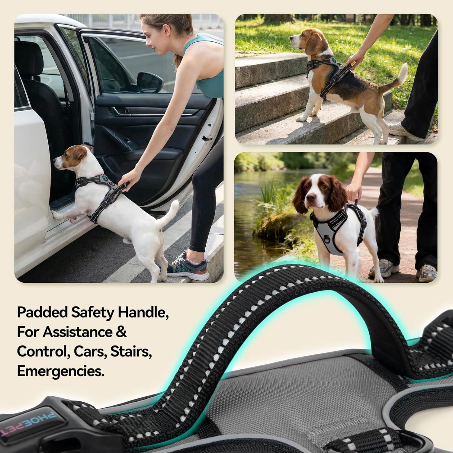 No Pull Dog Harness Medium Reflective Front Clip Vest with Handle, Adjustable 2 Metal Rings 2 Buckles(M, Grey)