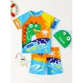 thumbnail image 1 of Boys Cartoon Dinosaur "Ride The Wave" Color Block Swimming Suit Swimming Trunks & Tops & Cap Casual Kids Clothes, 1 of 5