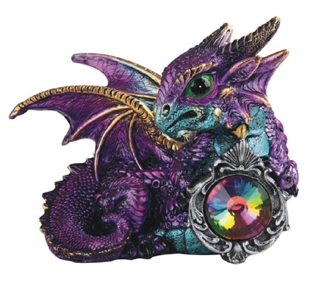 Purple and Green Dragon with Gem Medieval Fantasy Figurine Statue