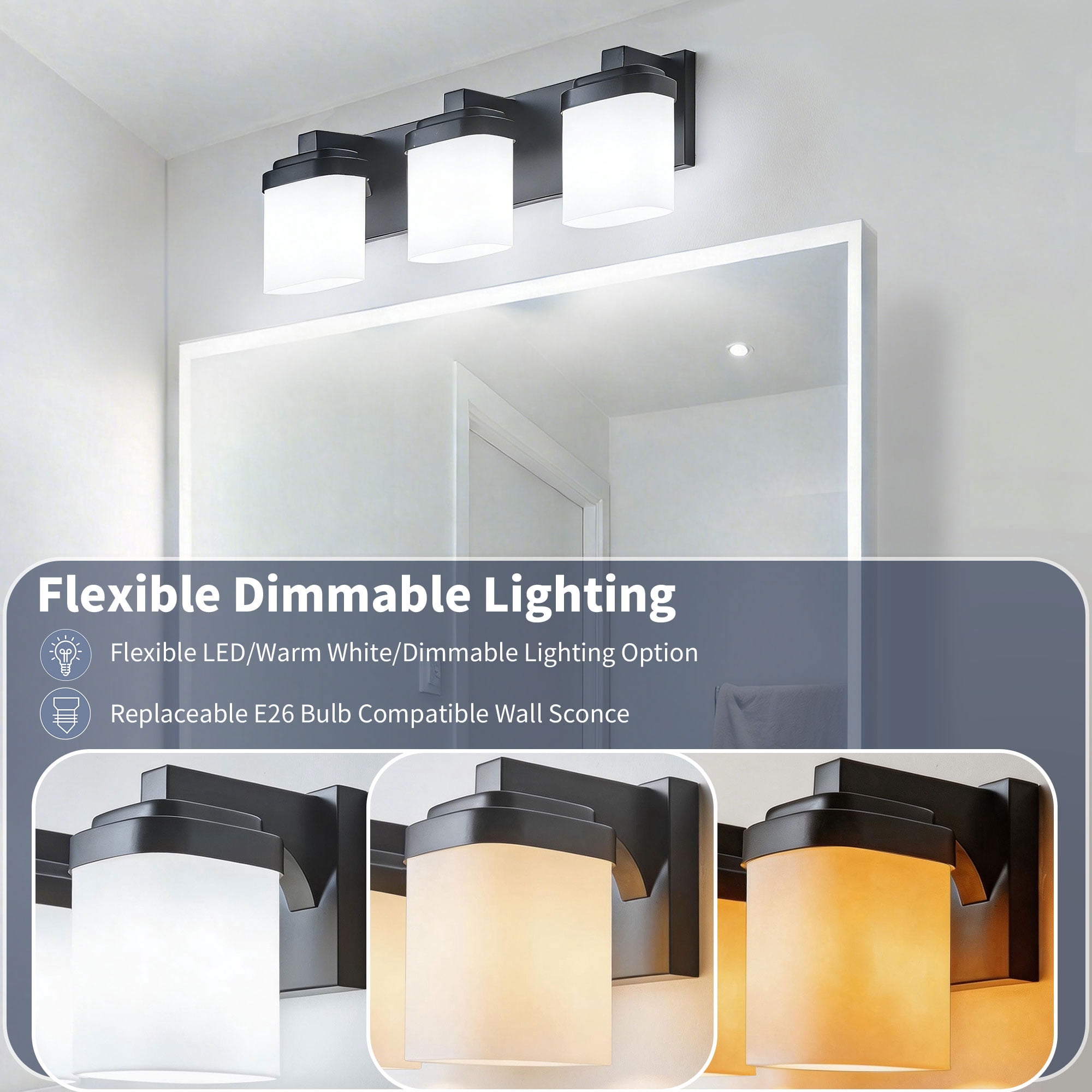 Bathroom Light Fixtures Over Mirror, 3-Light Modern Matte Black Vanity Lights with White Frosted Glass Shade, Bathroom Wall Lamp Sconces for Mirror Bedroom, Living Room Hallway Small Space