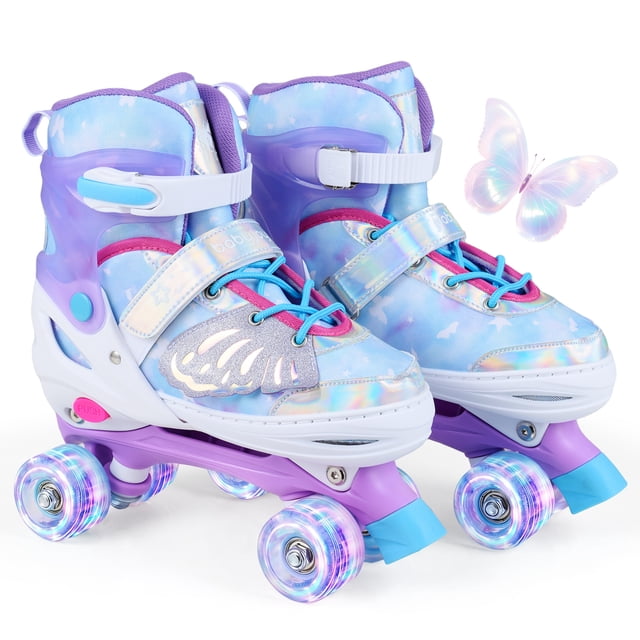 Babyjoy Patins à Roulettes pour Enfants 4 Tailles Réglables Patins Quads avec Roues Lumineuses pour 9-14 Ans Bleu
