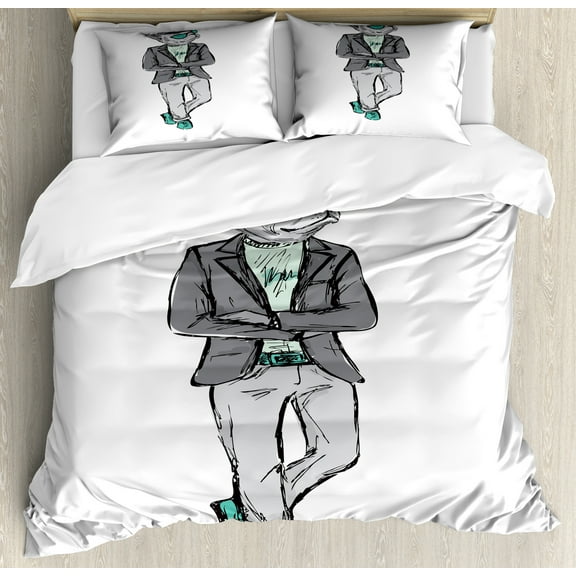 Hipster Duvet Cover Set, Bulldog in Modern Bohemian Wearings and Sunglasses, Decorative 3 Piece Bedding Set with 2 Pillow Shams, Calking Size, Grey Mint Green, by Ambesonne