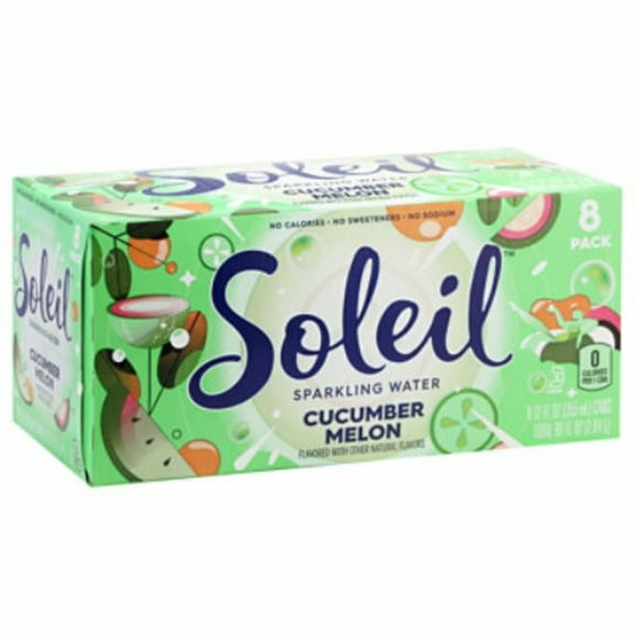 Soleil Sparkling Water, Cucumber Melon, 12 fl oz Cans, 8 Pack, Zero Calories, Naturally Flavored