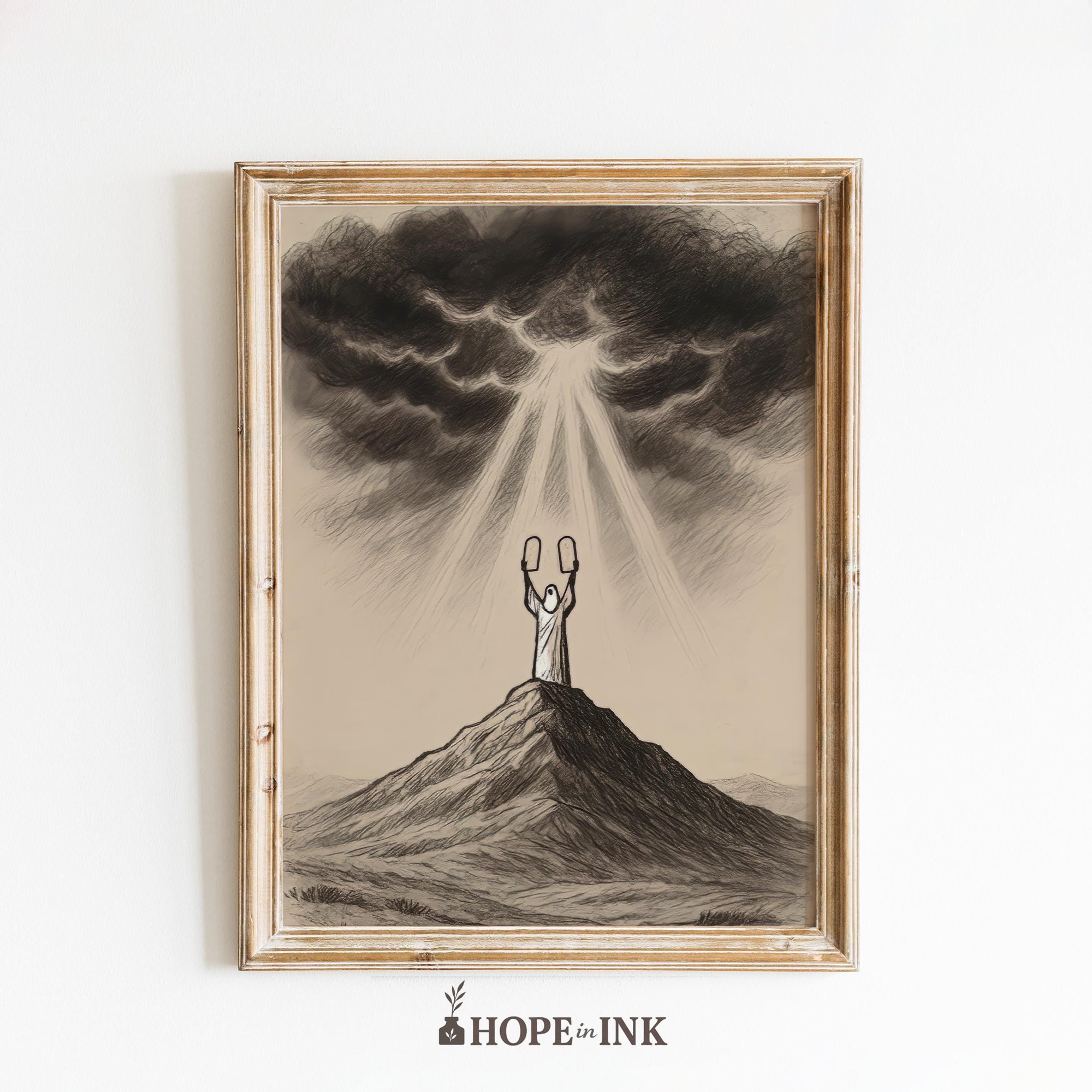 Ten Commandments Poster – Minimalist Bible Line Art Moses on Mount Sinai Wall Print Christian Law Illustration