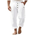 thumbnail image 3 of OSOLU Men's Autumn Beach Pants Solid Color Cott On Linen Loose Drawstring Button Casual Pants Men Trousers Everyday Comfort Versatile Bottoms, 3 of 9