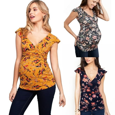 Women´s Summer Pregnant Maternity Blouse Shirts V Neck Floral Casual ...
