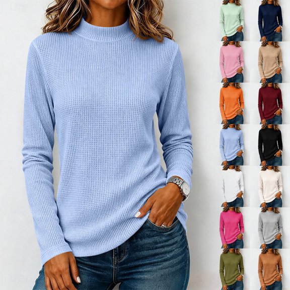 Waffle Knit Sweater Women Long Sleeve Mock Neck Soft Textured Knit Pullover Casual Minimalist Office Casual Sweater Top