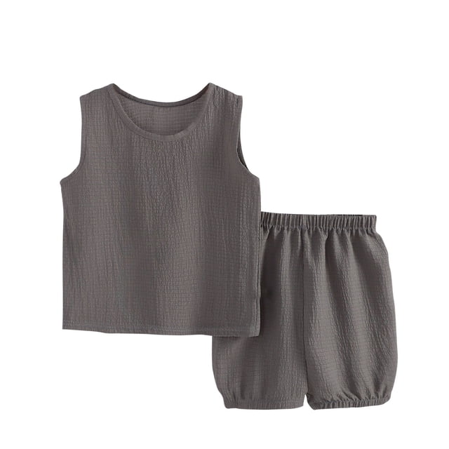 IFNWSV Ensembles d'Été pour Garçons Mode Décontractée Sans Manches Col Rond Col Bouton Imprimé Ensembles de Shorts 18 Mois