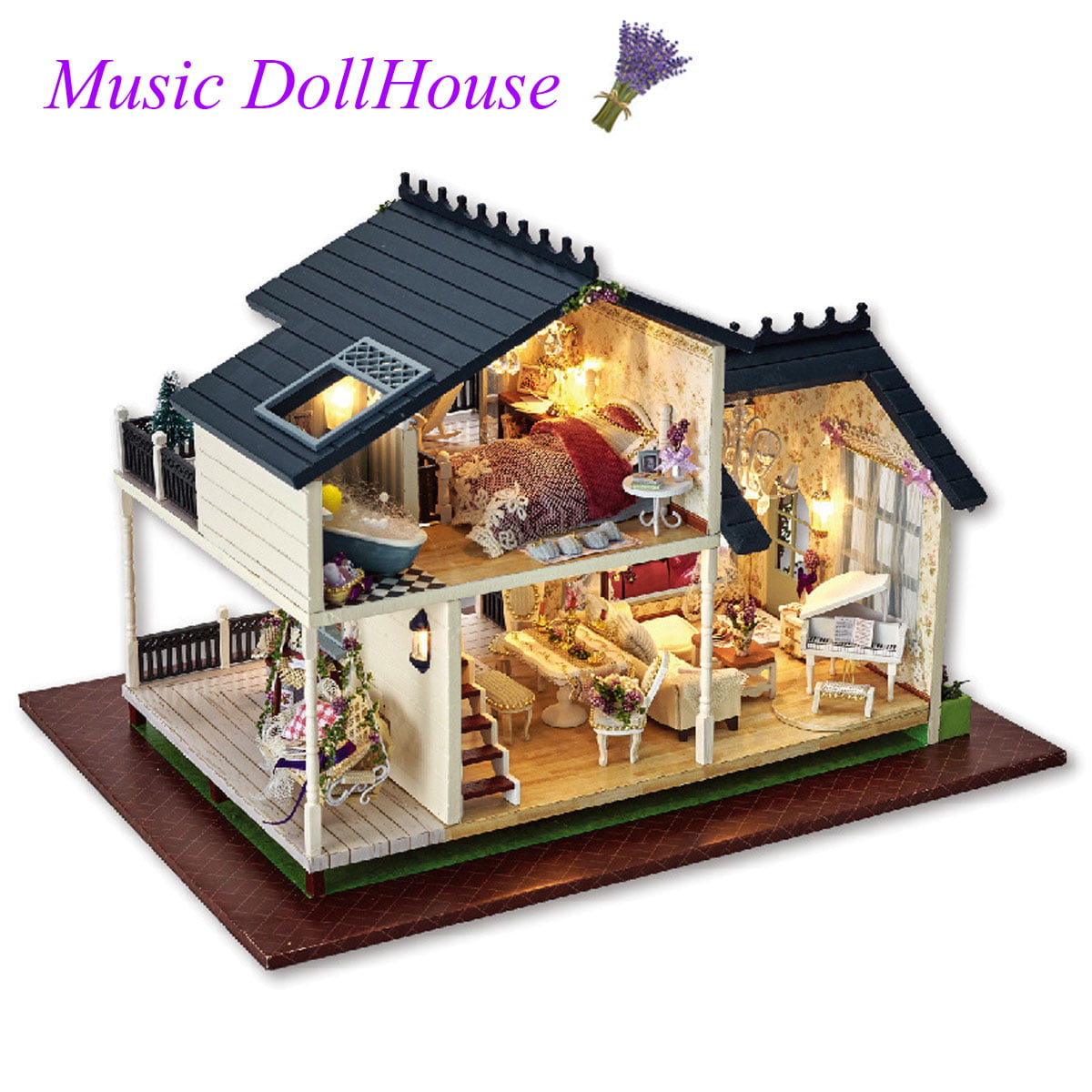 Mini DIY Musical Dollhouse Miniature Doll House Furniture Kit w/ LED Light A 