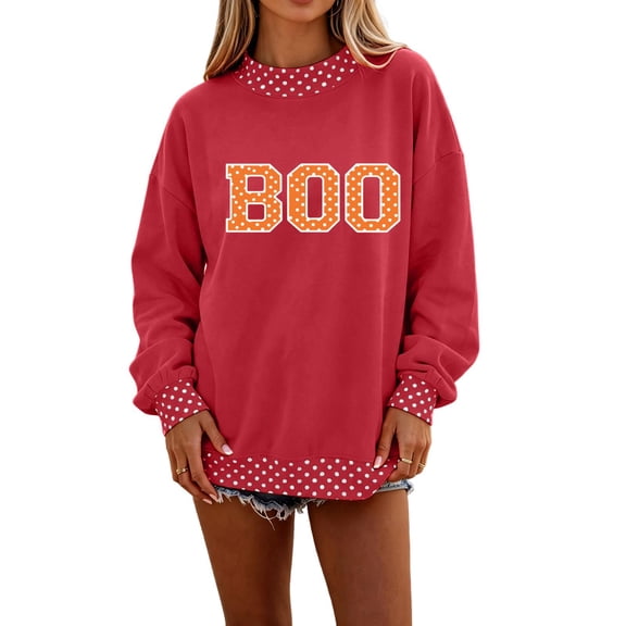 Fabrcox Halloween Sweatshirts for Women Polka Dot BOO Letter Printed Oversized Crew Neck Sweatshirt for Women Long Sleeve Funny Spooky Season Fall Sweatshirts for Women Pullover Red XL