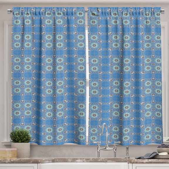 Ambesonne Moroccan Kitchen Curtains, Patchwork Style Blue, 55"x39", Blue Aqua Orange