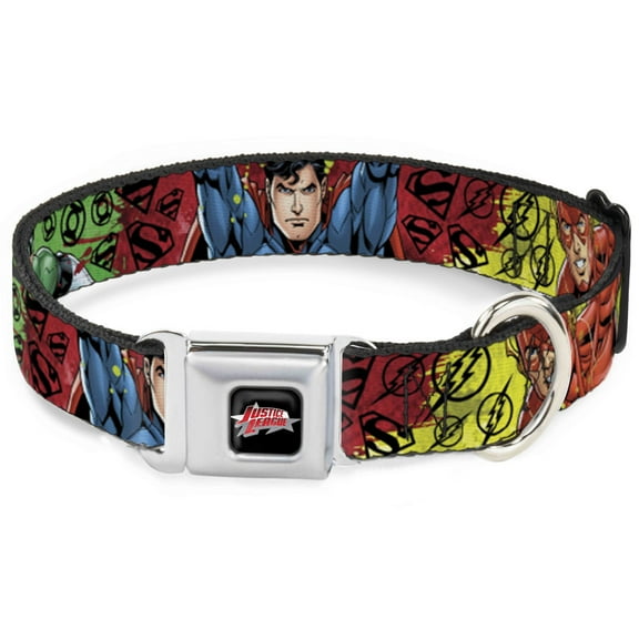 DC Comics Pet Collar, Dog Collar Metal Seatbelt Buckle, Justice League Superhero Poses Scattered Logos Multi Color, 9.5 to 13 Inches 1.0 Inch Wide