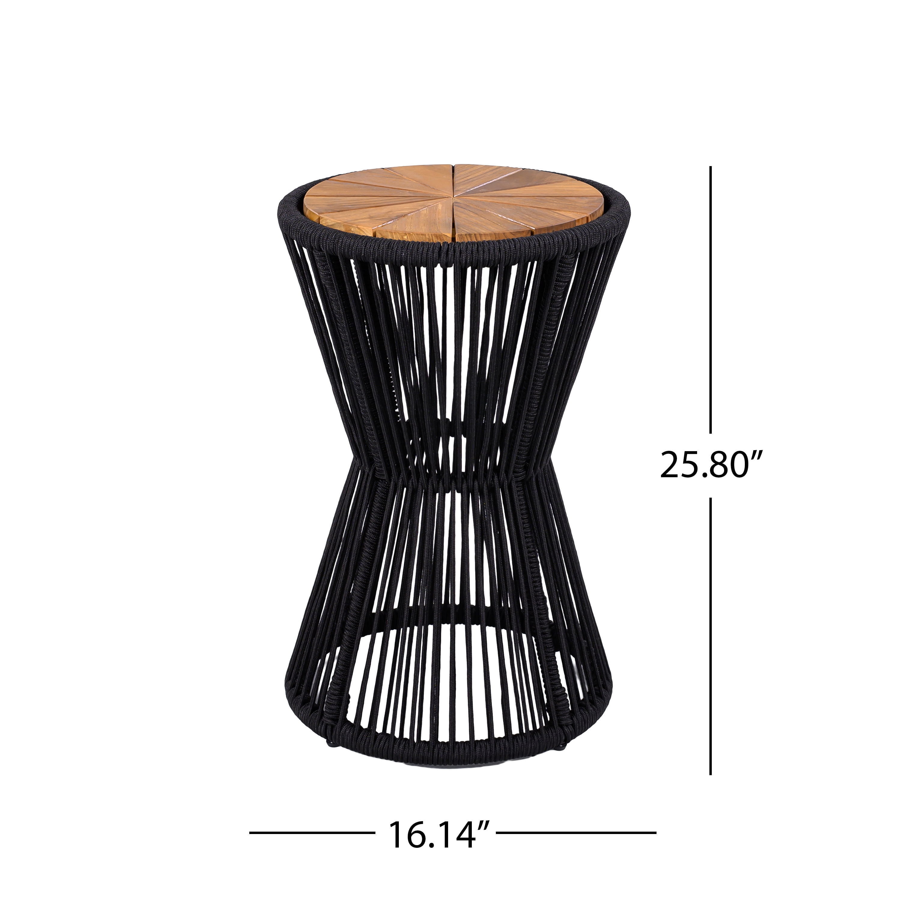 Side Table, Outdoor Black Rope and Acacia Wood Hourglass Design Table for Patio Deck, Teak