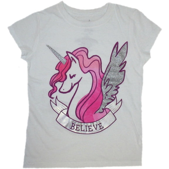Unicorn with Glitter Wings & Horn Believe Big Girl's T-Shirt - Large (10-12)