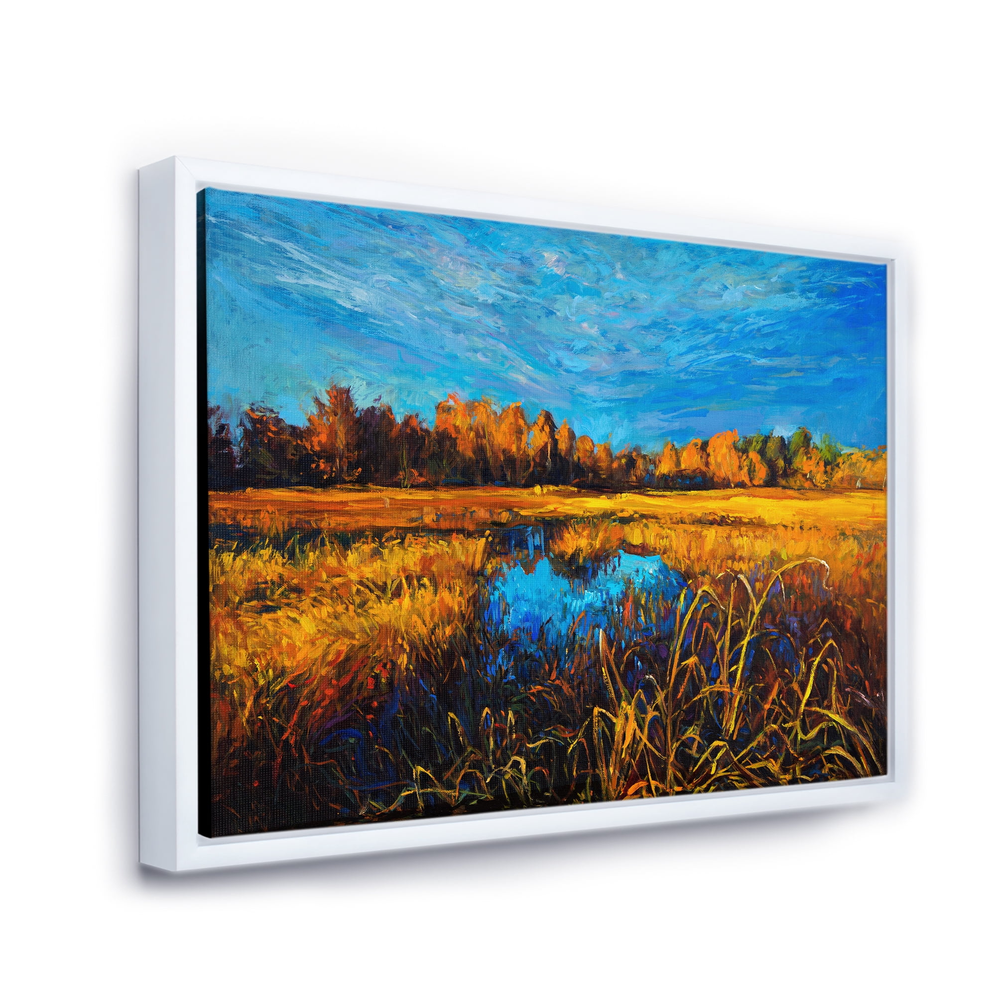 A Light Blue Sky Over Orange Meadows 32 in x 24 in Framed Painting Canvas Art Print, by Designart