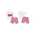 thumbnail image 3 of Aojekbee 4th of July Toddler Boys Outfits Fuzzy Letter Embroidery T-Shirts Stars Patrtern Checkerboard Shorts 2Pcs Clothes Set, 3 of 10