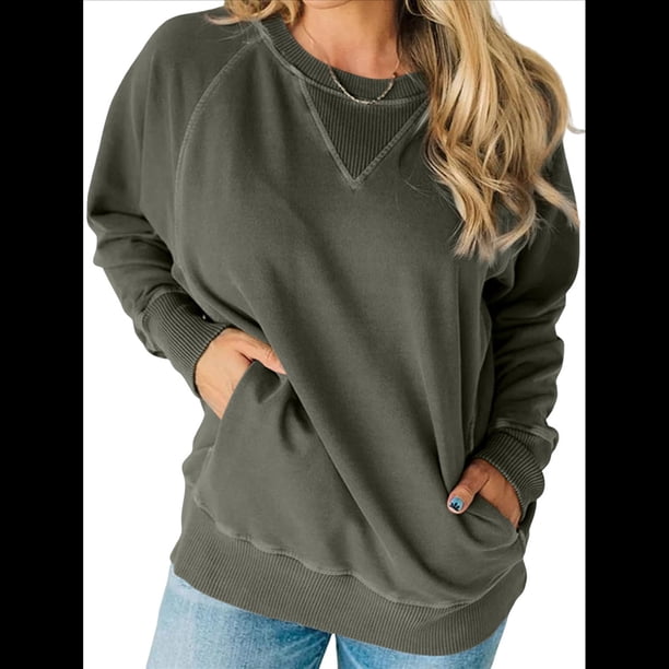 Sudadera Informal de Larga con Cuello Redondo para Mujer, Sudadera Holgada Verde L
